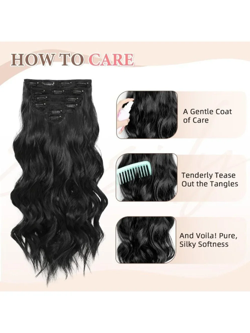 16 Inch Black Wavy Clip-In Hair Extensions - 6PCS Synthetic Hair for Volume